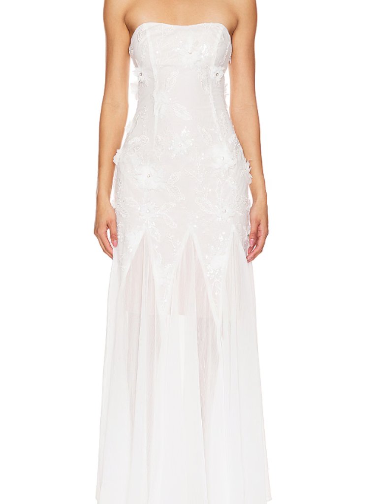 Elliatt White Floral And Sequin Embellished Strapless Gown Nwt - Xxs
